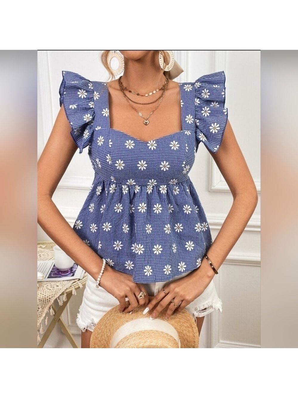 NWT SHEIN VCay Curve Blue Daisy Print Ruffle Trim Peplum Blouse